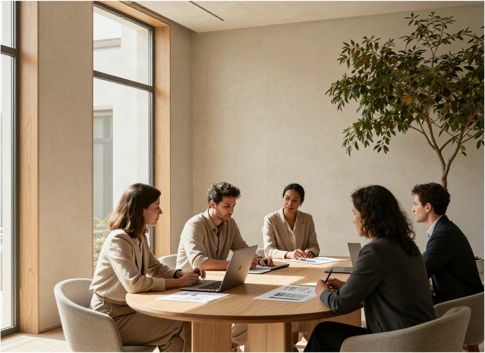 Consultants discussing business reports around a sunlit conference table